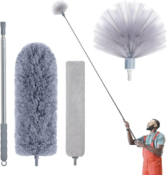 IVYROLL Duster with Extension Pole, Skinny Duster/Under Appliance Cleaning Tool & Spider Web Brush & Ceiling Cleaner, 100" Microfiber Feather Cleaner with Washable Head for Fan Furniture Wall