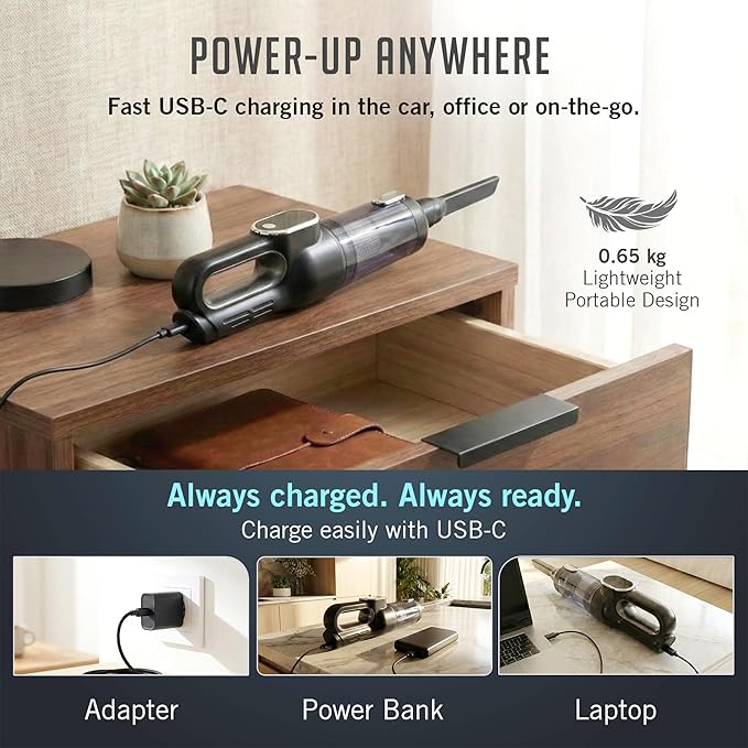 Car Vacuum Portable Cordless, 4-in-1 Mini Car Vacuum with 19500pa Suction & Air Duster, USB-C Charging, Smart Digital Display, Handheld Vacuum with LED Light, Multi Nozzles for Car, Home, Office, Pet