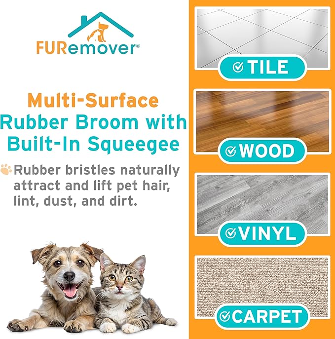 FURemover Pet Hair Removal Rubber Broom, 61" Telescopic Handle