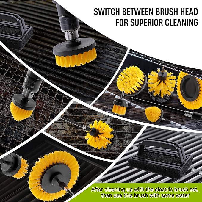 7 Piece BBQ Grill Cleaning Brush Ultra Stiff Drill Powered Cleaning Brushes Nylon Safe Bristle BBQ Grill Rust Remover Gift for Dad Grill Cleaner for Outdoor Grill (Yellow)