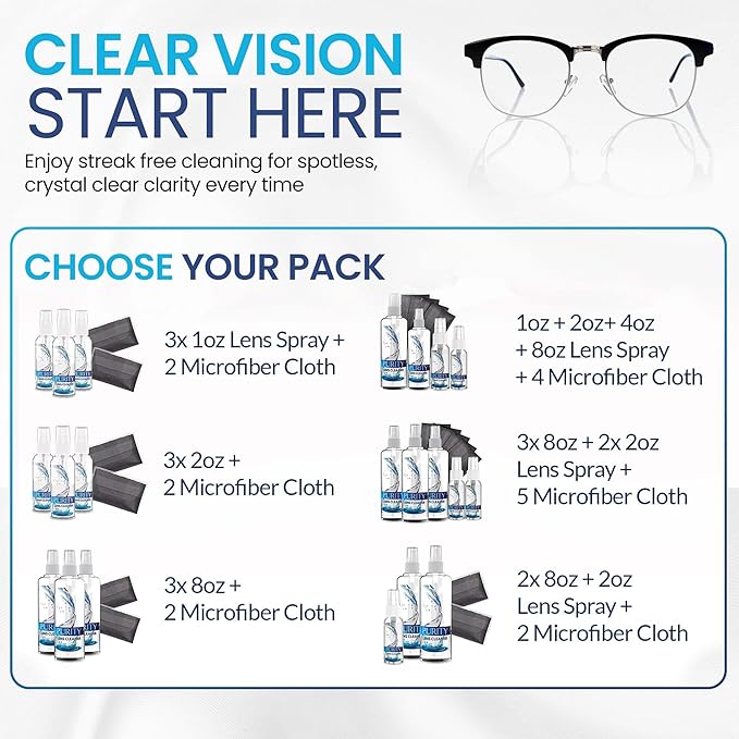 Purity Eyeglass Lens Cleaner Kit - 3 x 1oz Travel Size Lens Cleaner Spray Bottle + 2 Microfiber Cleaning Cloths - Safe for All Lenses (AR Coated Included), Eyeglasses and Screens - Clear
