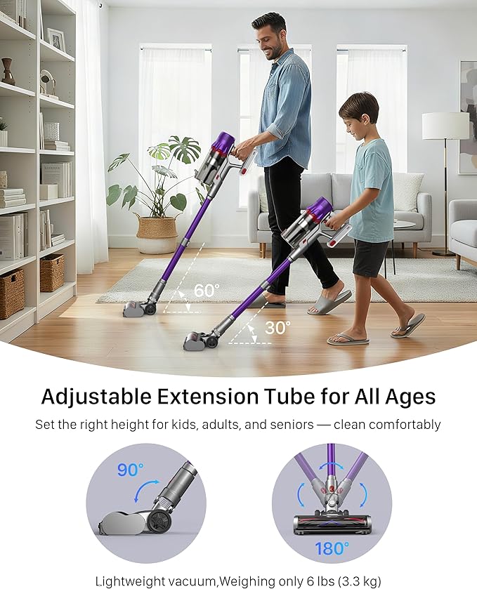 Cordless Vacuum Cleaner for Home - Powerful Stick Vacuum with HEPA Filter, 55-Min Runtime, LED Light, Anti-Tangle Brush, Detachable Battery,Lightweight Vacuum for Pet Hair,Carpets & Hard Floors
