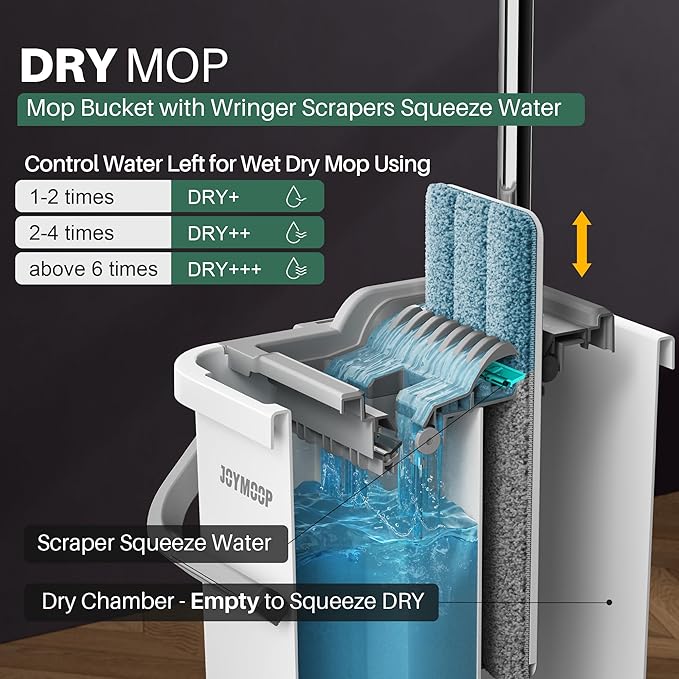 JOYMOOP Flat Mop System, Microfiber Mop and Bucket Set, White, Household & Commercial Floor Cleaning Mop with Long Handle, Hands-Free Cleaning System