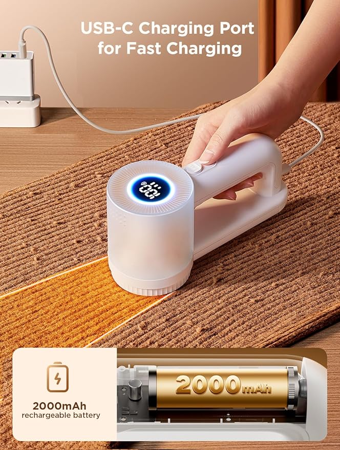 Rechargeable Lint Remover: 3 Stainless Steel 6-Leaf Blades, Fabric Shaver with LED Display, 3-Speeds Lint Shaver for Effortless Fuzz & Pill Removal from Clothes, Sweaters, Coats, Couches, Blankets