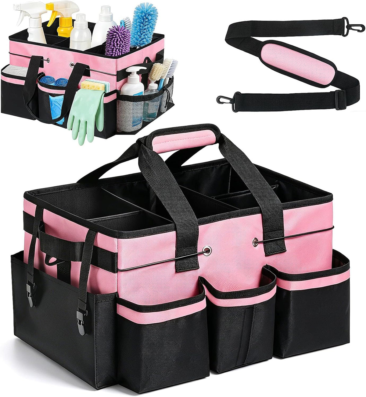 Wearable Large Cleaning Caddy Bag with Dividers, Household Cleaning Caddy for Cleaning Supplies Organizer Car Wash, Cleaner Tote Detailing Bag with Shoulder Strap and Handles for Housekeeper Storage