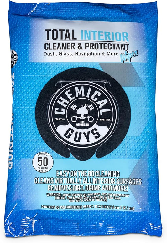 Chemical Guys Total Interior Cleaner & Protectant Wipes – 50 Pack Multi Surface Car Interior Cleaning Wipes for Dashboards, Doors and Seats – Safe for Trucks, SUVs, RVs and Home Use