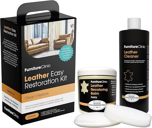 Furniture Clinic Leather Easy Restoration Kit | with Leather Recoloring Balm, Cleaner, Sponge, and Cloth | Leather Repai