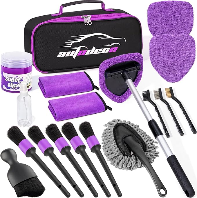 Windshield Cleaner Tool, 17Pcs Car Interior Detailing Kit, Detailing Brush, Towels, Duster, Car Cleaning Kit Interior for RVs, Truck, Trailer (Purple)