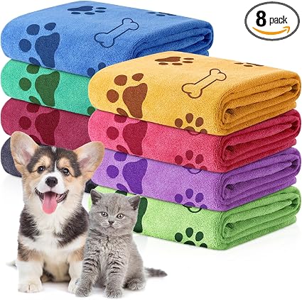 Chumia 8 Pcs Dog Towel for Drying, 18 x 28 Inch, Dog Paw and Bone, Colorful
