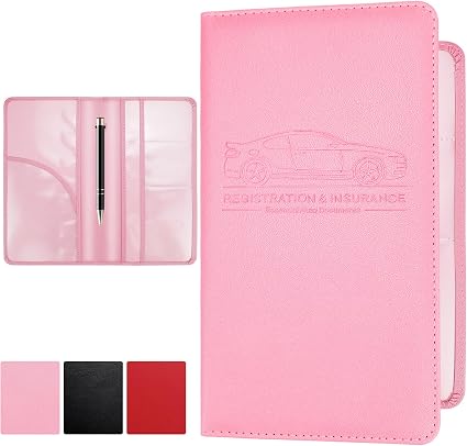 PLOJOP Car Registration and Insurance Card Holder, Leather License Document Pink Glove Box Compartment Organizer, Car Wa