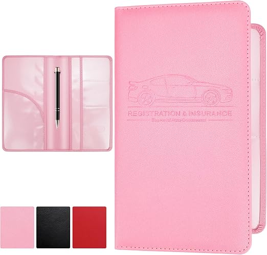PLOJOP Car Registration and Insurance Card Holder, Leather License Document Pink Glove Box Compartment Organizer, Car Wa