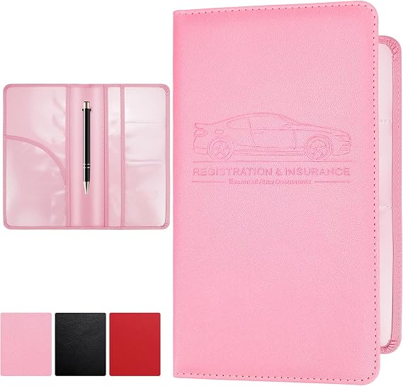 PLOJOP Car Registration and Insurance Card Holder, Leather License Document Pink Glove Box Compartment Organizer, Car Wa