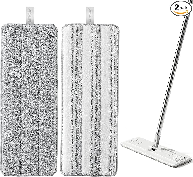 JOYMOOP Microfiber Replacement Pads for 13" Flat Mop System, Reusable Refills, 2-Pack, Grey and Stripe