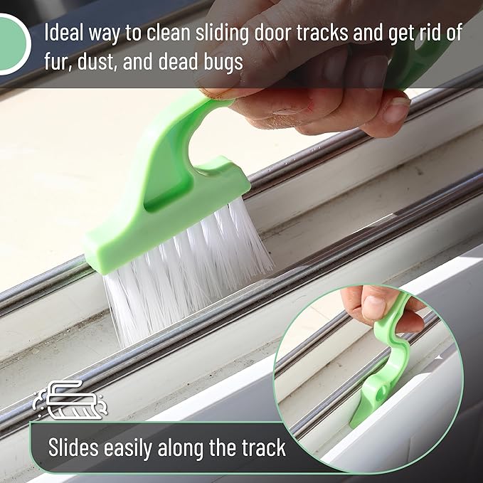 Slick- Window Track Cleaning Brush, 3 Pack, Colorful, Ergonomic Handle, Built-in Scraper, Multipurpose Window Track Cleaning Tools for Faucets, Shower Heads and Drains