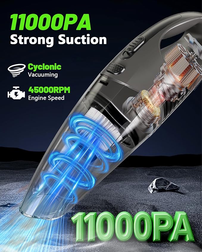 Handheld Vacuum Cordless, 11KPA Strong Suction & 25 Mins Runtime Brushless Motor, Rechargeable Car Vacuum Cleaner with 2 HEPA Filter/Multi-Accessories/Lightweight, for Home/Car/Office Cleaning