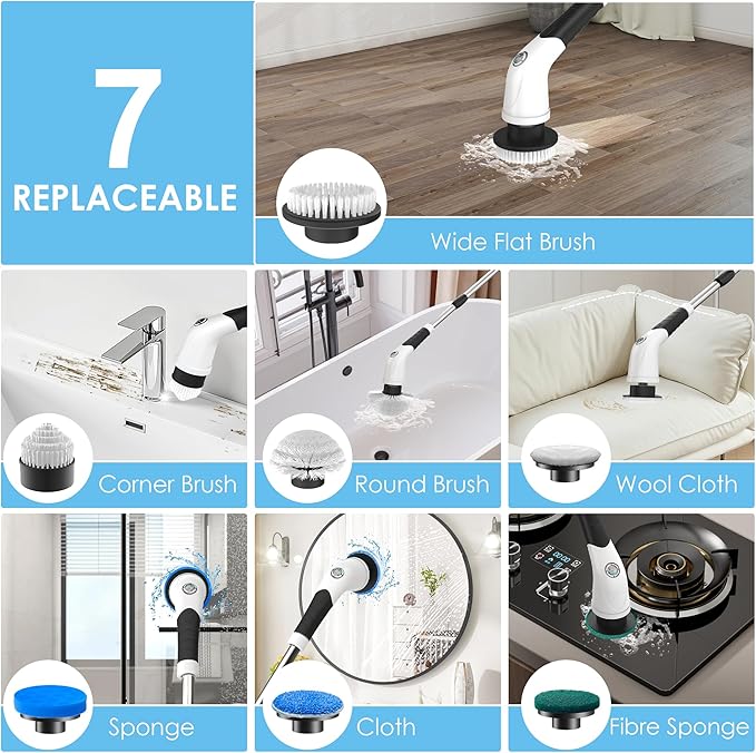 Electric Spin Scrubber, Cordless Cleaning Brush with 180 Min Runtime, 3-Speed, 7 Replaceable Brush Heads & Long Detachable Handle, LCD Display (RPM/Torque/Battery), for Bathroom, Kitchen, Tile