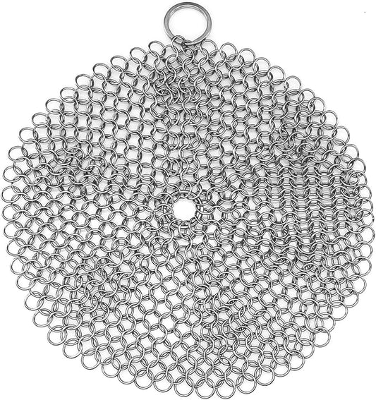 TOPULORS 316 Stainless Steel Cast Iron Skillet Cleaner Scraper Chain Link Chainmail Scrubber for Cast Iron Pans, Pre-Seasoned Pans, Griddle Pans, BBQ Grills, and More Pot Cookware-Round 7 in Diameter