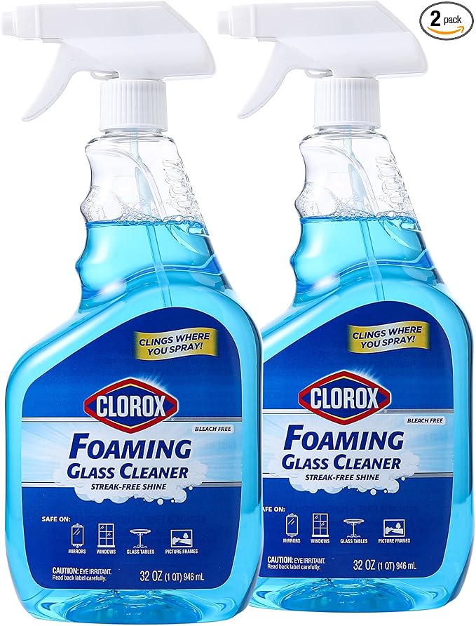 Clorox Foaming Glass Cleaner Trigger Spray, Streak Free No Drip Formula for Windows, Mirrors, and Glass Surfaces, All Purpose Household Cleaning Spray in Fresh Scent, 32 Ounce - 2 Pack