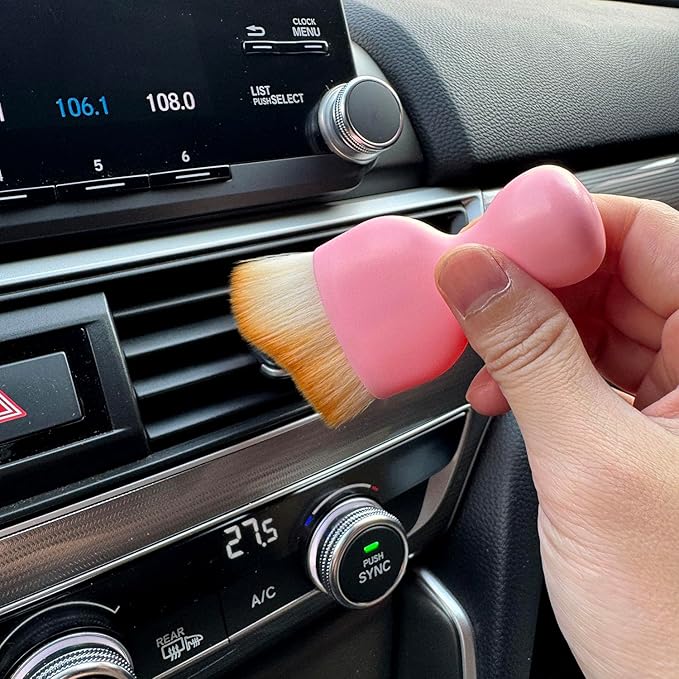 Car Detailing Brush, Soft Bristle Cleaning Brush, Scratch-Free Auto Duster Tool for Dashboard, Air Vents, Leather & Interior Cleaning (Pink&Brown with Cap)
