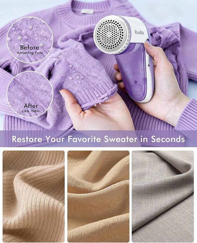 Ruidla Fabric Shaver Lint Shaver Defuzzer, Electric Lint Remover, Rechargeable Sweater Shaver with Replaceable Stainless Steel 3-Leaf Blades, Dual Protection, Removable Bin, (Micro-b Charging)