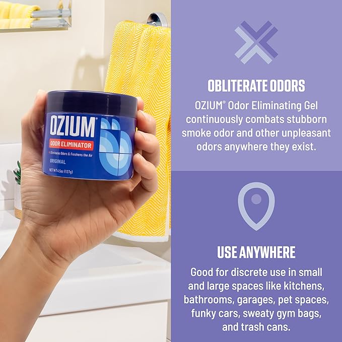 Ozium Odor Eliminating Gel - 4.5oz Air Freshener Alternative for Smoke, Pets, and Musty Odors - Long Lasting Odor Remover for Cars, Homes, Closets and Small Spaces - Linen