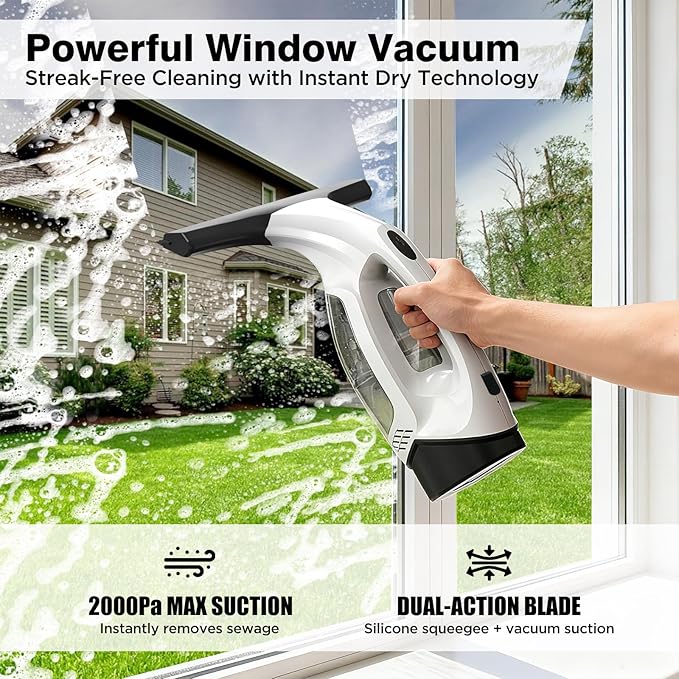 Window Vacuum Squeegee Cordless, 2000Pa Electric Window Cleaner Tool with 2200mAh & 150ml Water Collection Tank, Cleaning Kit Shower Squeegee for Glass Doors, Tiles, Mirrors, Car (White)