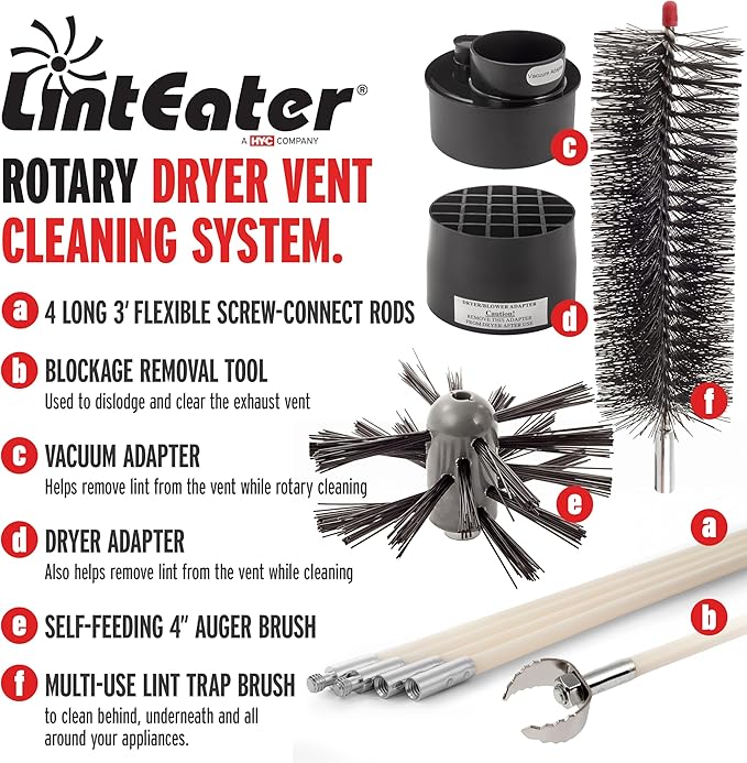 Dryer Vent Duct Cleaning Kit - Gardus RLE202 LintEater Rotary Dryer Vent Cleaner Kit, Removes Lint, Dryer Vent Cleaning System Extends Up to 12’ with 4 Flexible 3' Rods, Air Duct Cleaning Tools