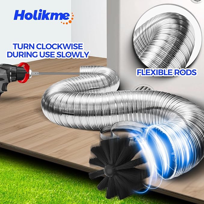Holikme 40 Feet Dryer Vent Cleaner Kit, Flexible Lint Brush with Drill Attachment, Extends Up to 40 Feet for Easy Cleaning, Synthetic Brush Head, Use with or Without a Power Drill, Grey