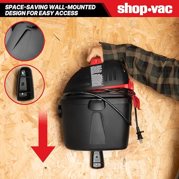 Shop-Vac 9303511 2.5 Gallon Wet Dry Vacuum, 2.5 Peak HP, 1.25 Inch Diameter x 4 Foot Hose, 12 Ft Cord Length, Wall Mounted, Includes Filters, Ideal for Jobsite, Garage, Car & Workshop