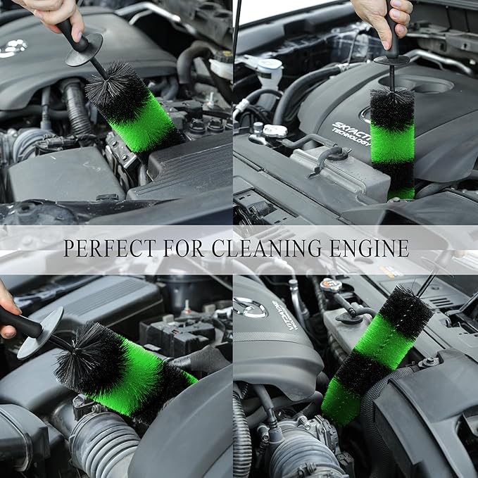 TAKAVU Master Wheel & Tire Brush, Easy Reach Rim Detailing Brush, Multipurpose Use for Wheels, Rims, Exhaust Tips, Motorcycles (Green)