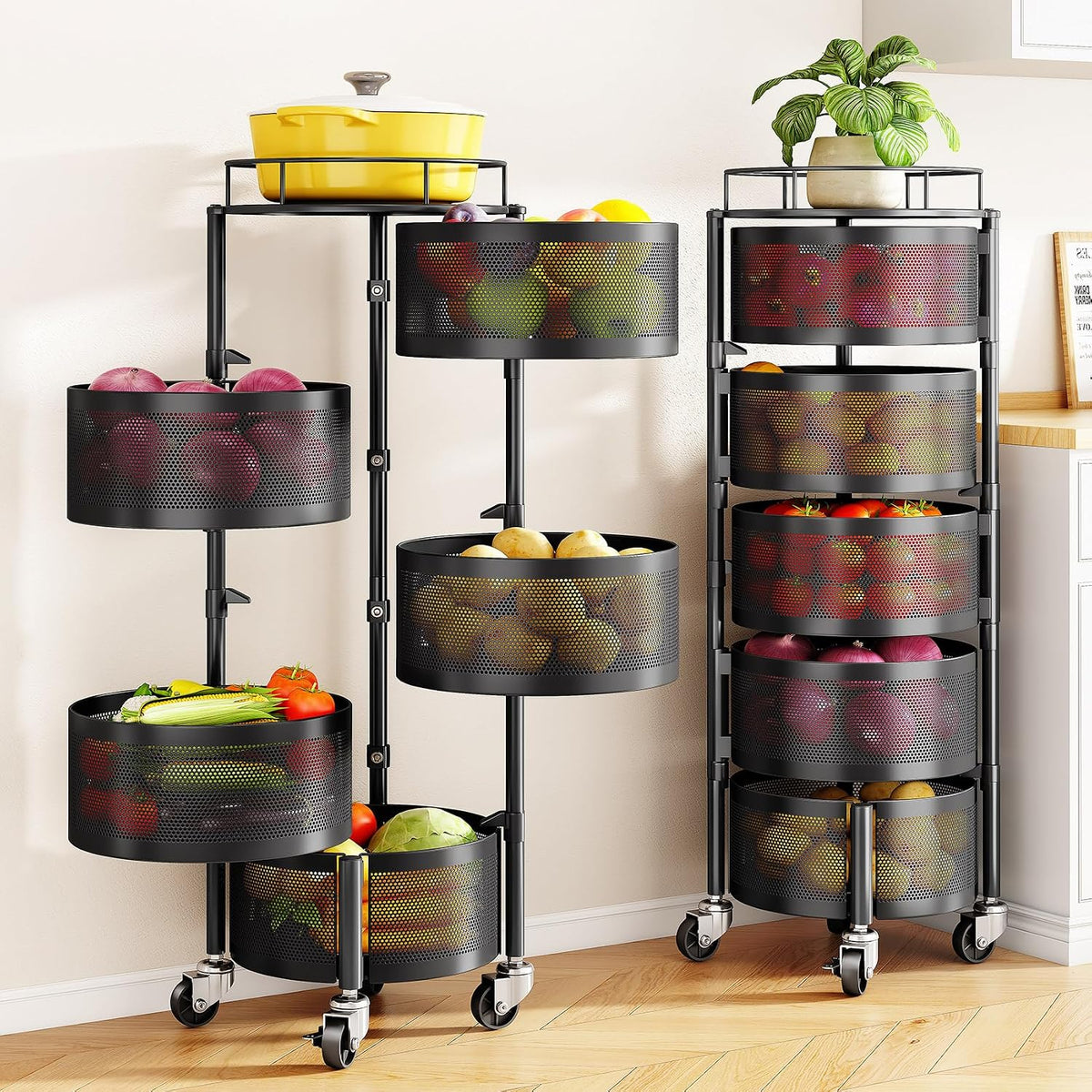 5-Tier Fruit and Vegetable Basket Bowls for Kitchen, Rotating, Black