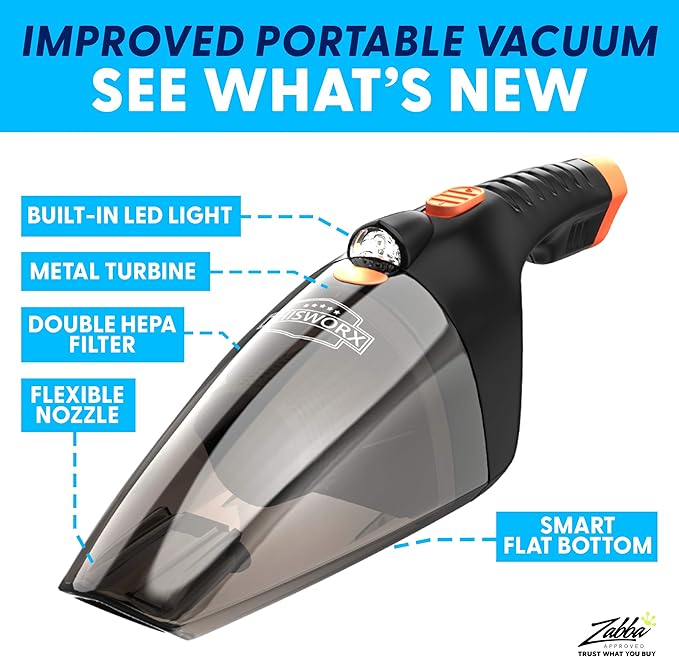 ThisWorx Car Vacuum Cleaner 2.0, Portable Handheld Mini Vacuums Cleaner W/ 16ft Cord, LED Light, Bag, & Attachments- Small Vac for RV, Boats, Travel, Car Accessories, Lightweight