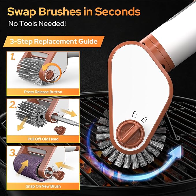 Electric Grill Brush for Outdoor, 2026 BBQ Grill Cleaner with Digital Display, Variable Speed Cordless Grill Brush, Waterproof & Replaceable Heads Grill Cleaning Brush for Barbecue Grates