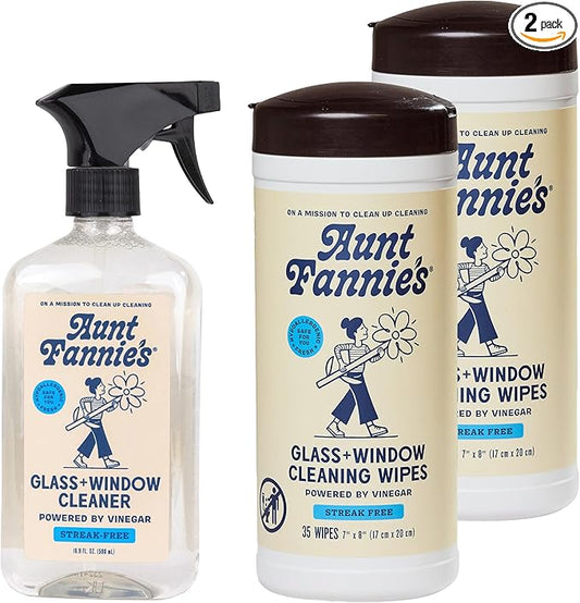 Aunt Fannie's Glass & Window Cleaning Bundle, Vinegar Spray and Wipes, Natural Streak-Free Spray, Pack of 3