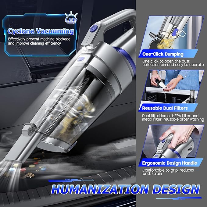 Gxzsk Handheld Vacuum Cordless, 16000PA Strong Suction Hand Held Car Vacuum Cleaner, Portable Hand Vacuum Rechargeable with Multi-Nozzles & LED Light for Home, Car, Office, Pets