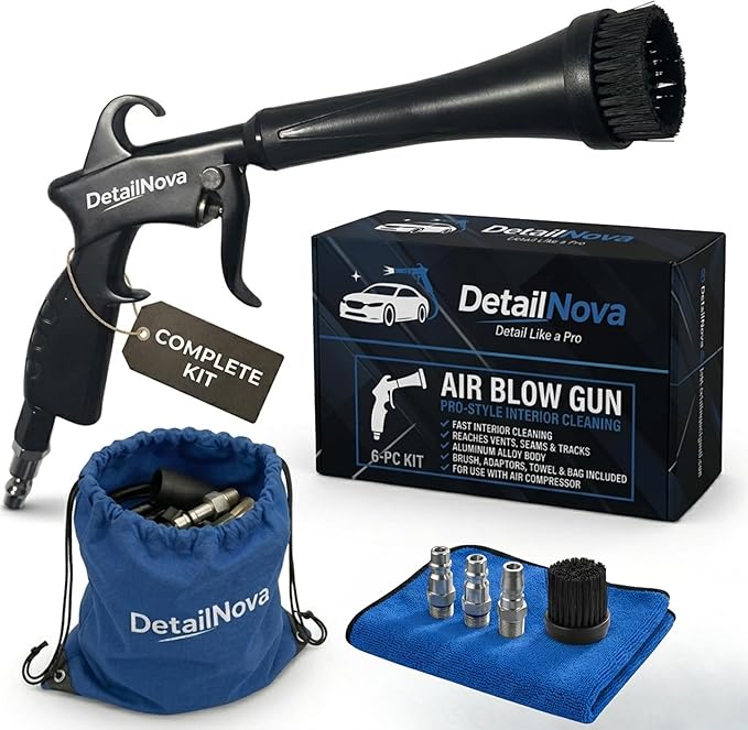 Air Blow Gun for Car Detailing - Durable Tornado Air Gun with Brush Nozzle, Storage Bag, 3 Compressor Adaptors & Microfiber Towel - Requires Compressor, Easy to Set Up