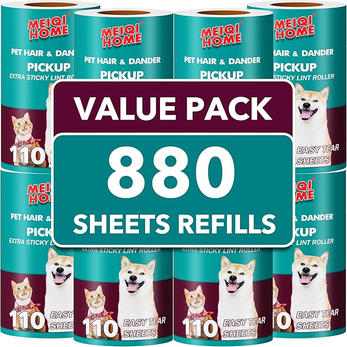 MEIQIHOME Extra Sticky Lint Roller Refills Only, 880 Easy-Tear Sheets for 3.9"-4" Lint Rollers with 1.5" Inner Diameter for Pet Hair Removal on Clothes, Furniture, and Carpets