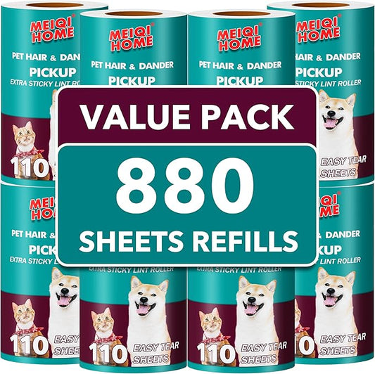 MEIQIHOME Extra Sticky Lint Roller Refills Only, 880 Easy-Tear Sheets for 3.9"-4" Lint Rollers with 1.5" Inner Diameter for Pet Hair Removal on Clothes, Furniture, and Carpets