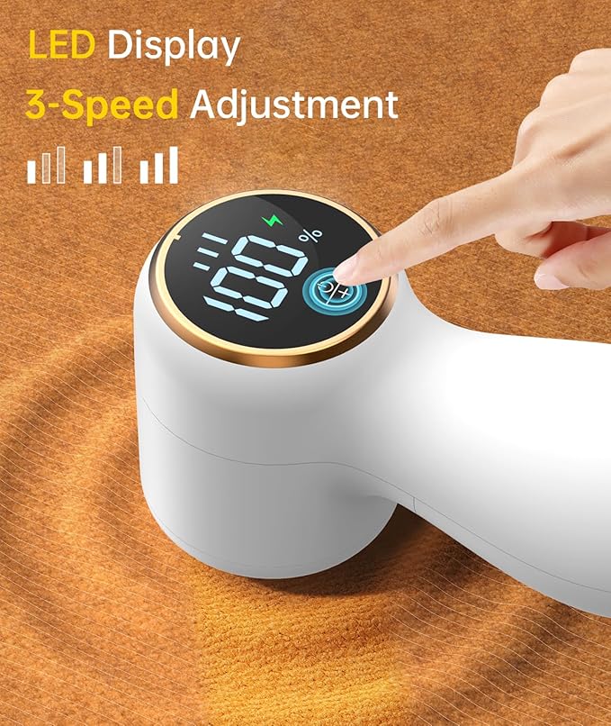 Rechargeable Fabric Shaver Lint Remover, Sweater Shaver with 3-Speed Control, LED Display Clothes Shaver, 6-Leaf Stainless Steel Blades, Suitable for Clothes, Sweater, Couch, Blanket, Wool (White)