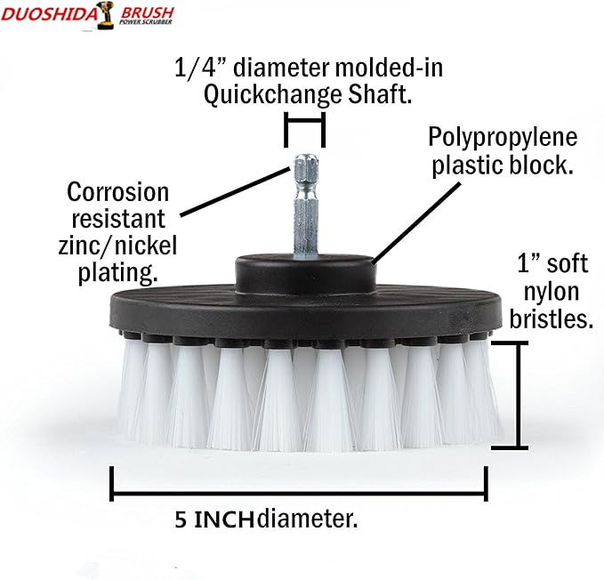 Drill Brush 5 inch Soft Bristle White Quick Change Shaft