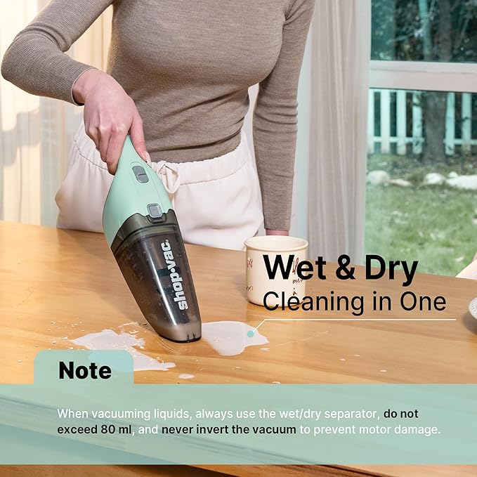 Shop-Vac Wet/Dry Handheld Vacuum Cordless, Powerful Portable Car Vacuum Rechargeable, Wall-Mounted Hand Vac with Crevice Tool, Lightweight Hand Vacuum for Home & Car, Washable Filter, Green