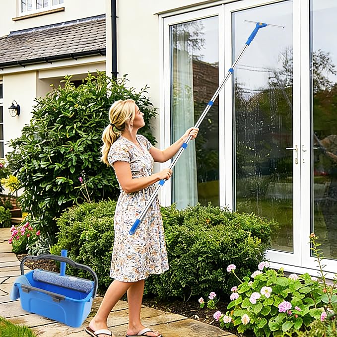 Professional Window Cleaning Kit with Bucket 3 Gallon, 76" Long Handle Window Squeegee and Microfiber Scrubber, High Windows Washing Equipment, Window Cleaner Tool for Commercial, Home, Outdoor, Car