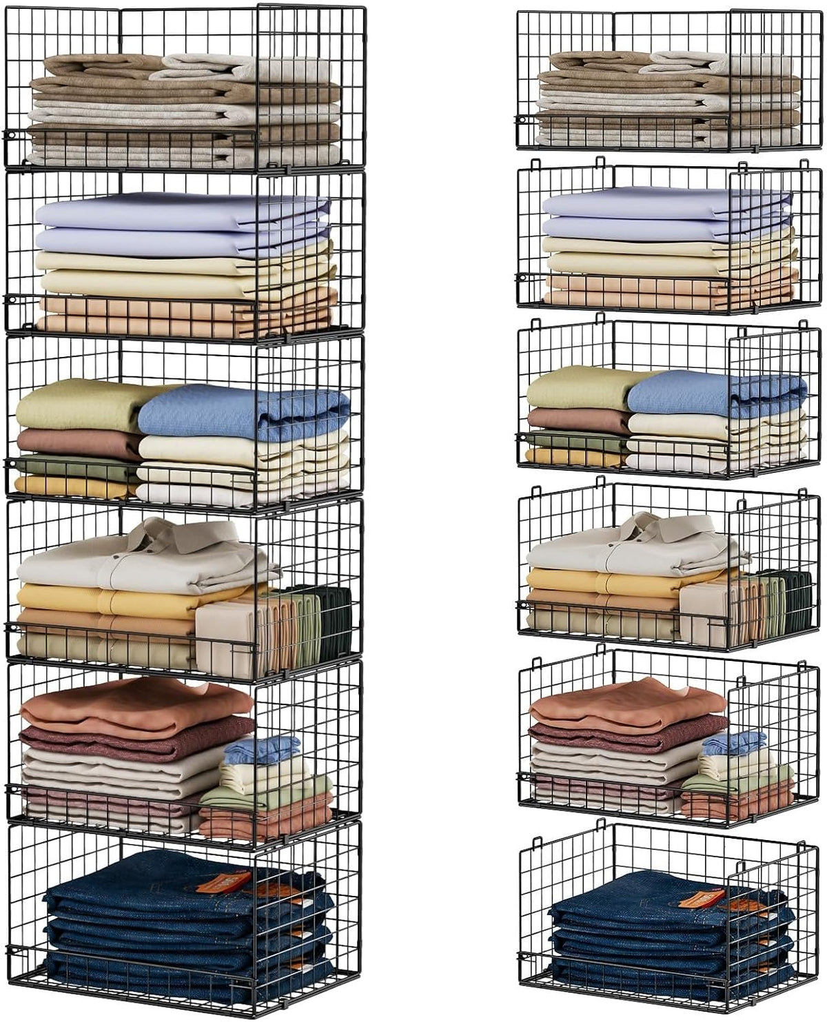 6-Tier Stackable Closet Organizers and Storage Shelves, Closet Shelf Organizer Basket Bins, Foldable Sweater Storage for Clothes Organizer System, Black（Patent No. 30022416）