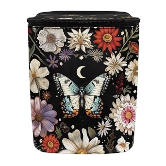 Renewold Car Trash Can with Lid Floral Butterfly Moon Print Car Trash Bag Hanging with Adjustable Straps Collapsible and
