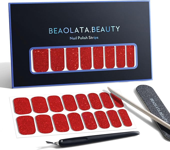 Nail Polish Strips, 32PCS Salon Quality Wraps, Long Lasting Gel Nail Stickers for Women Easy Apply& Remove (Red Velvet Ribbon Glitter)