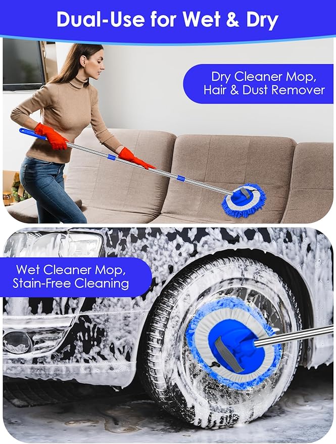 2 in 1 Lightweight Wall Cleaner Mop with Long Handle 75" 190cm Lint-Free Duster Cleaning Tool 2 Replacement Microfiber Chenille Pads for Kitchen Baseboard Ceiling Floor Window Door Scrubber Brush,Blue