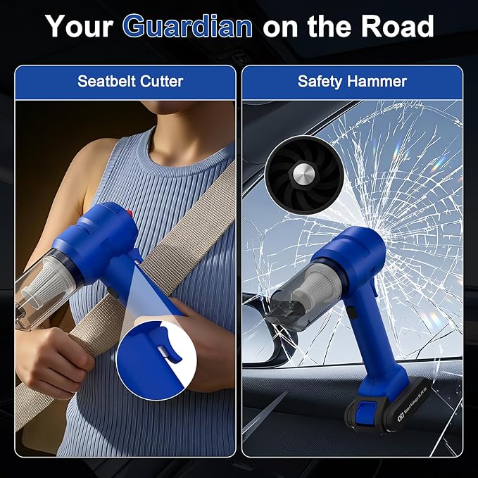 Vinid Handheld Car Vacuum Cleaner, 12000Pa Cordless Wet/Dry Vacuum & Air Blower, with Safety Hammer & Seatbelt Cutter, 80W 6000mAh Battery, HEPA Filter, Type-C Charging for Car Home Emergency, Blue