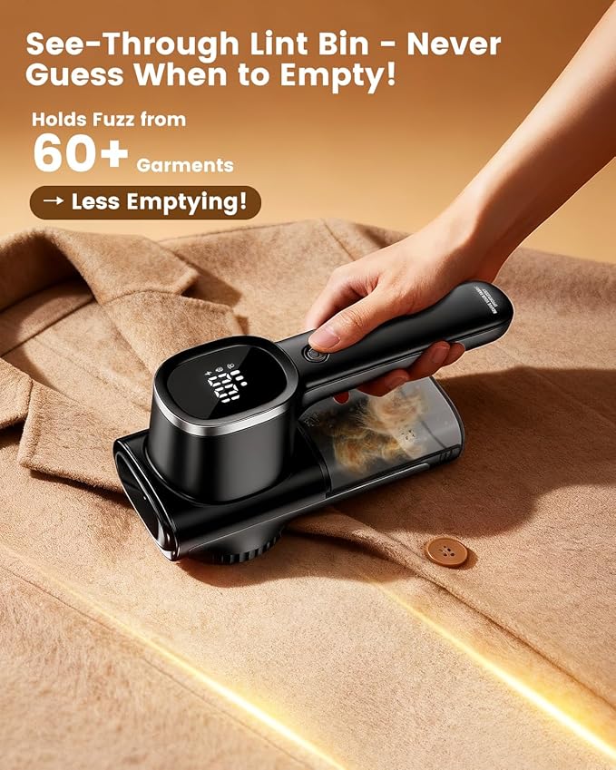 Home Large Lint Remover Fabric Shaver - Rechargeable with LED Display, 3D 6-Blade, 180min Runtime, Large Transparent Bin, Zero Damage for Clothes/Sofa/Bedding