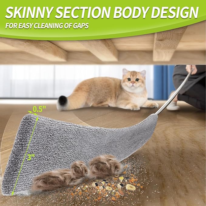 IVYROLL Skinny Duster with Extension Pole for Under Furniture, Under Appliance Cleaning Tool with 3 Microfiber Dusting Cloths, Retractable Flat Duster for Under Refrigerator, Tight Spaces, Gap