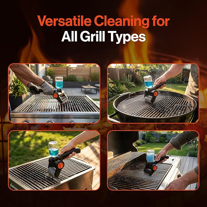 Electric Grill Brush Cordless Rechargeable with Soap Dispenser, Automatic Outdoor BBQ Electric Grill Cleaner Brush Including Interchangeable Stainless Steel Wire & Bristle Free Chain Brush